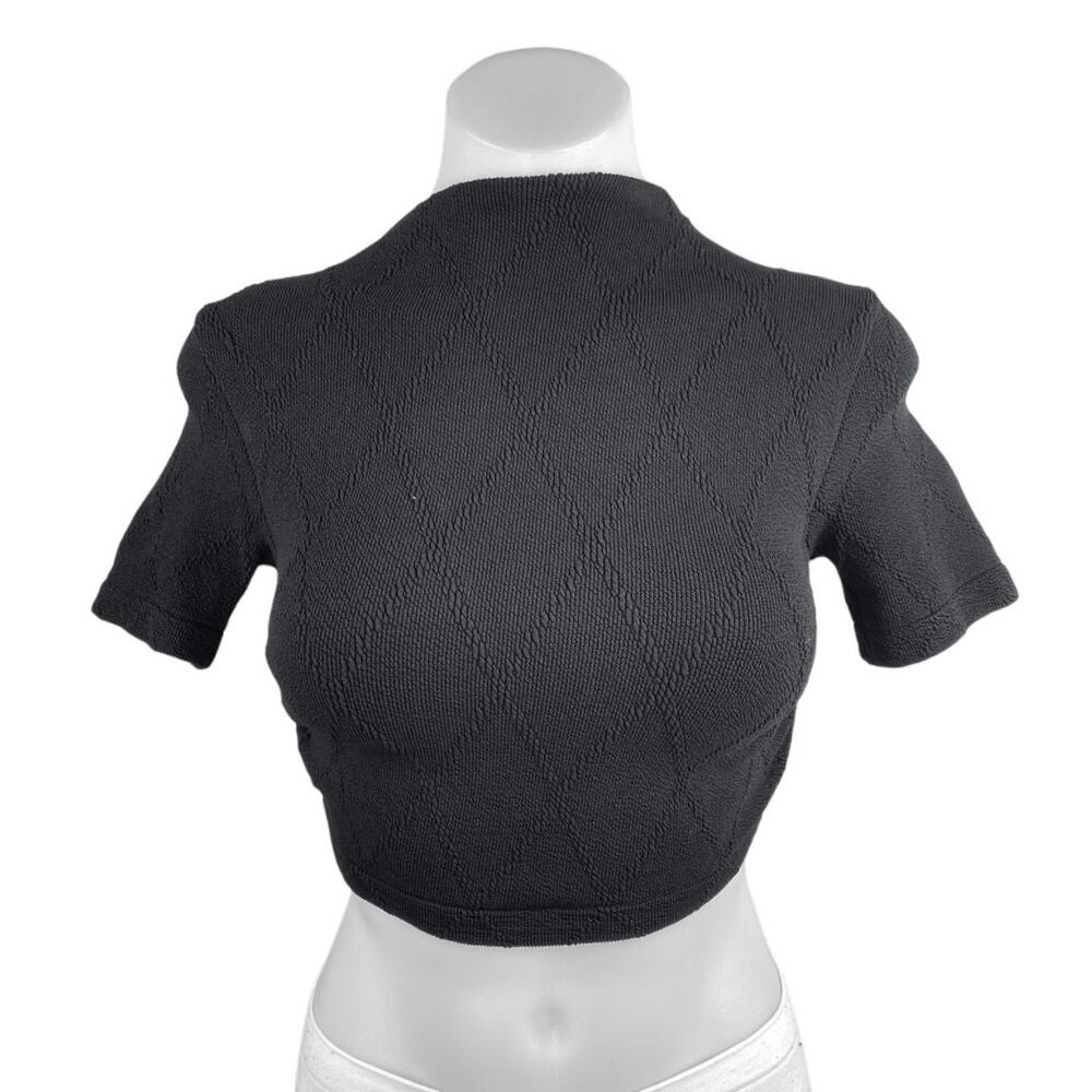 Zara Black Short Sleeve Argyle Tie Back Knit Cutout Mock Neck Crop Top Size M/L